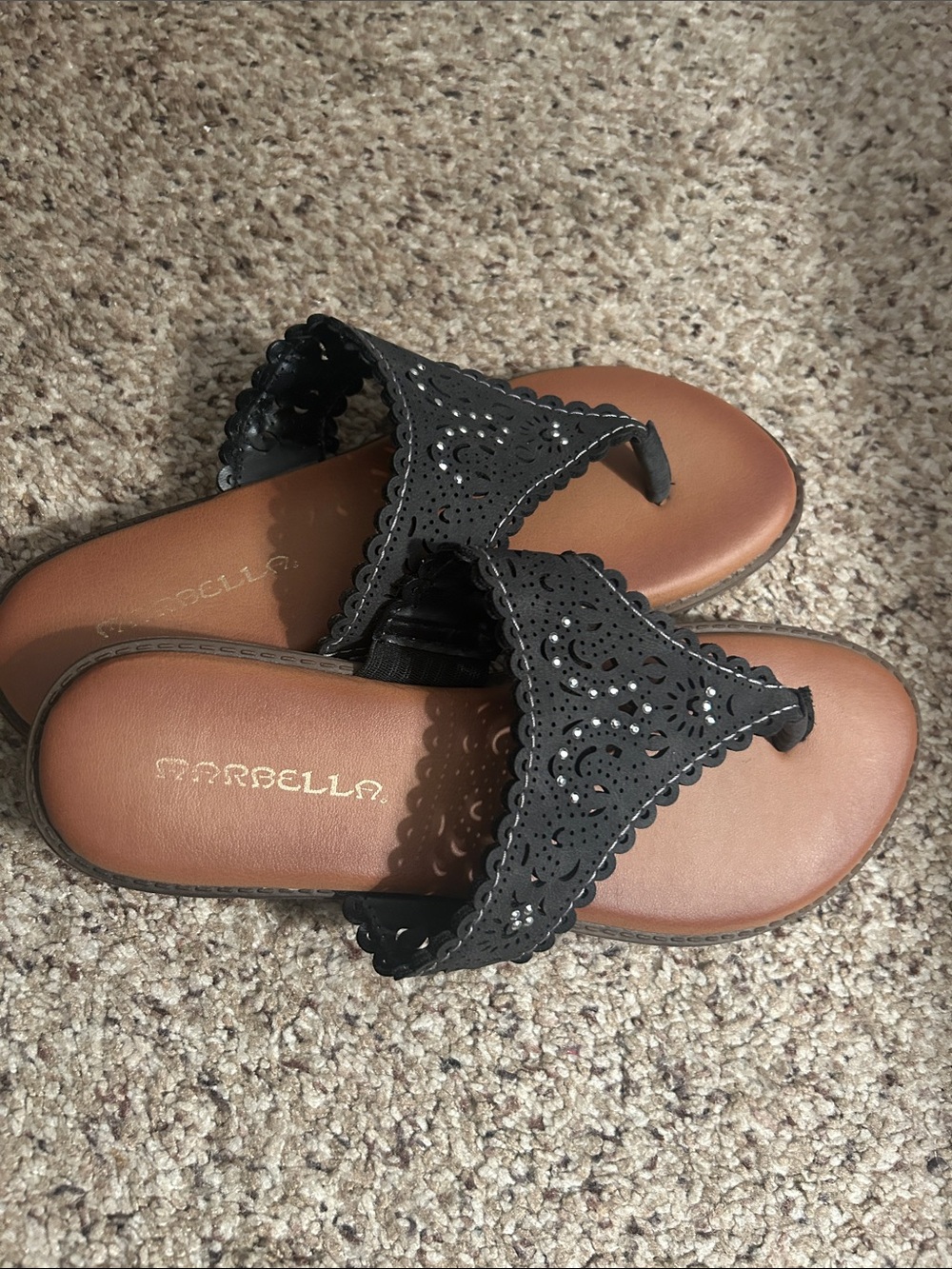 Marbella DarkGrey  Laser-Cut Toe-Post Sandals with Brown Footbed